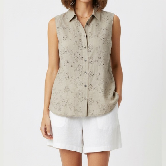 Lafayette 148 New York Gemma Eyelet Tan Sleeveless Button Down Shirt Top Size L